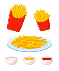 French fries in red cartoon box cartoon illustration set. Fried potatoes on plate with various dips, mayonnaise, ketchup, mustard and cheese sauce. Fast food, lunch, appetizer concept