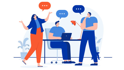 People working and having conversation - Team talking, having dialogue and doing work together in office with speech bubbles. Flat design cartoon vector illustration with white background