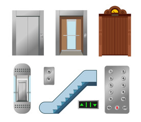 Elevator elements vector illustrations set. Lift doors from wood and metal, staircase or escalator, up and down symbols, stairway or stairs on white background. Transportation, architecture concept