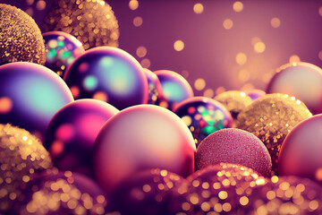 Shiny Christmas balls in winter colours, close view, festive, Christmas background