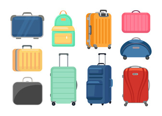 Colorful travel bags and suitcases cartoon illustration set. Business briefcases, baggage for vacation or holiday, carry-on leather tourism bags. Luggage, tour, voyage concept