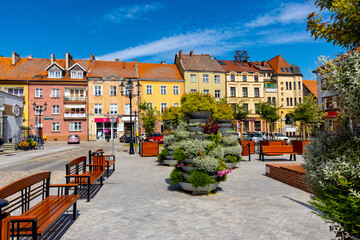 Panorama of Constitution square Plac Konstutucji serving as Rynek Market Square in historic old town center of Bartoszyce in Poland