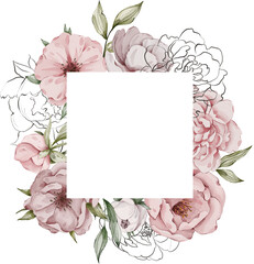 Watercolor peony composition. Floral arrangements. Hand painted clipart. Peony composition. Floral frame