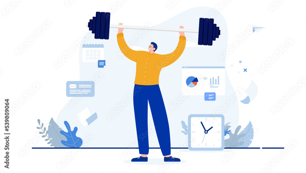 Poster Strong businessman - Person working in casual clothes lifting weights and showing strength. Work training metaphor. Flat design cartoon vector illustration with white background