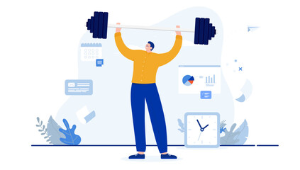Strong businessman - Person working in casual clothes lifting weights and showing strength. Work training metaphor. Flat design cartoon vector illustration with white background