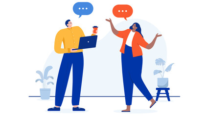 Colleagues talking - Diverse man and woman in office communicating, smiling and speaking with speech bubbles. Flat design cartoon vector illustration with white background