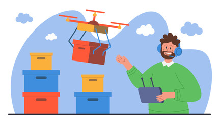 Happy man controlling drone with remote flat vector illustration. Worker with headphones managing work of delivering boxes by drone. Technology, delivery service, shipping concept