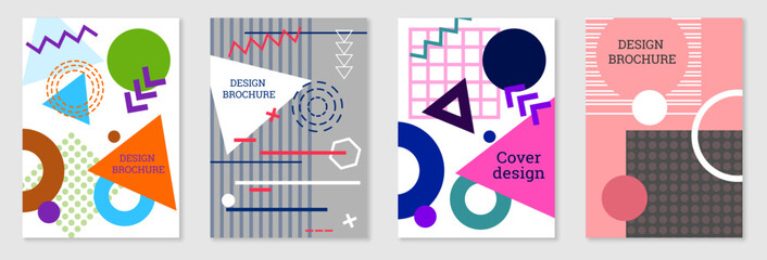Set of cover design in Memphis style. Geometric design, abstract background. Fashionable bright cover, banner, poster, booklet. Creative colors.