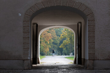 Laxenburg park elements and plants, landscape and architecture at the autumn in Austria