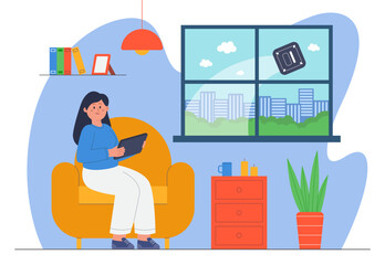 Woman controlling robot window cleaner with tablet. Girl sitting in chair and machine cleaning window flat vector illustration. Technology, household concept for banner, website design or landing page