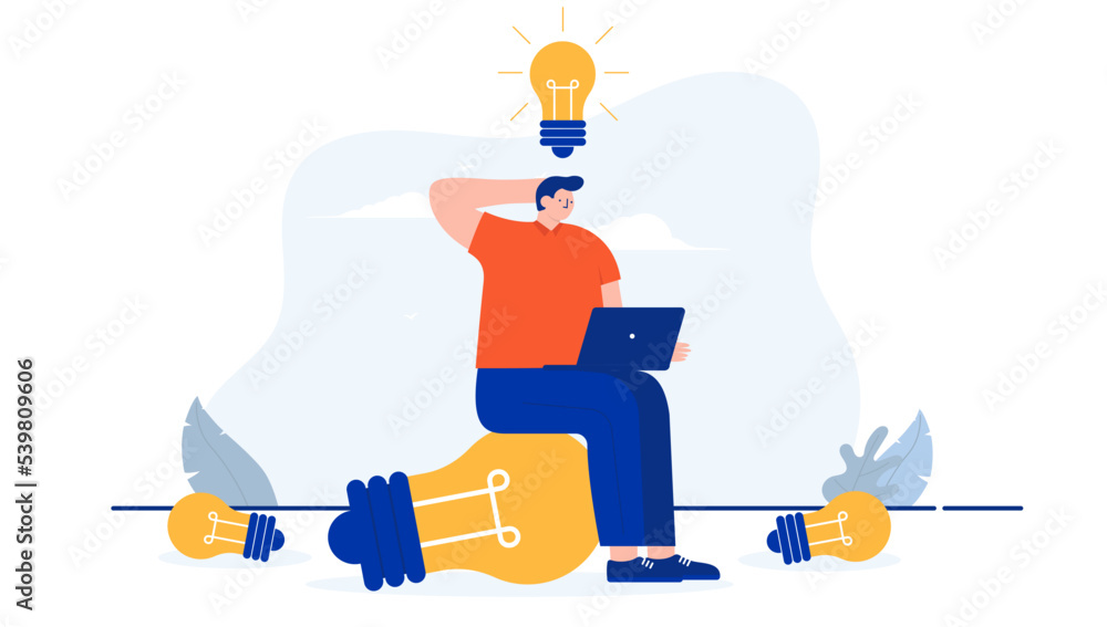 Leinwandbilder idea work - person working on new ideas on computer scratching head and sitting on light bulb. flat 