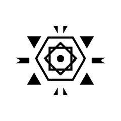 Black abstract geometric patterns on a white background.
