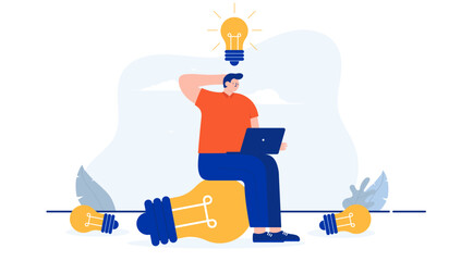 Idea work - Person working on new ideas on computer scratching head and sitting on light bulb. Flat design cartoon vector illustration with white background