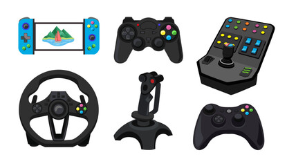 Different consoles for video games vector illustrations set. Designs for gamepads, joysticks, devices for gamers, gadgets for playing and controlling digital games. Technology, gaming concept