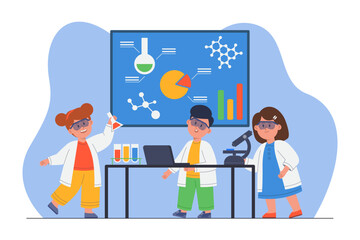 Excited children in laboratory flat vector illustration. Girls and boy conducting experiments in chemistry class at school, looking into microscope, learning formulas. Education, science concept