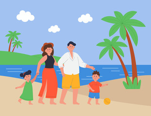 Family on sandy summer beach flat vector illustration. Happy mother, father, daughter and son spending holiday at sea, having good time together and relaxing. Vacation concept