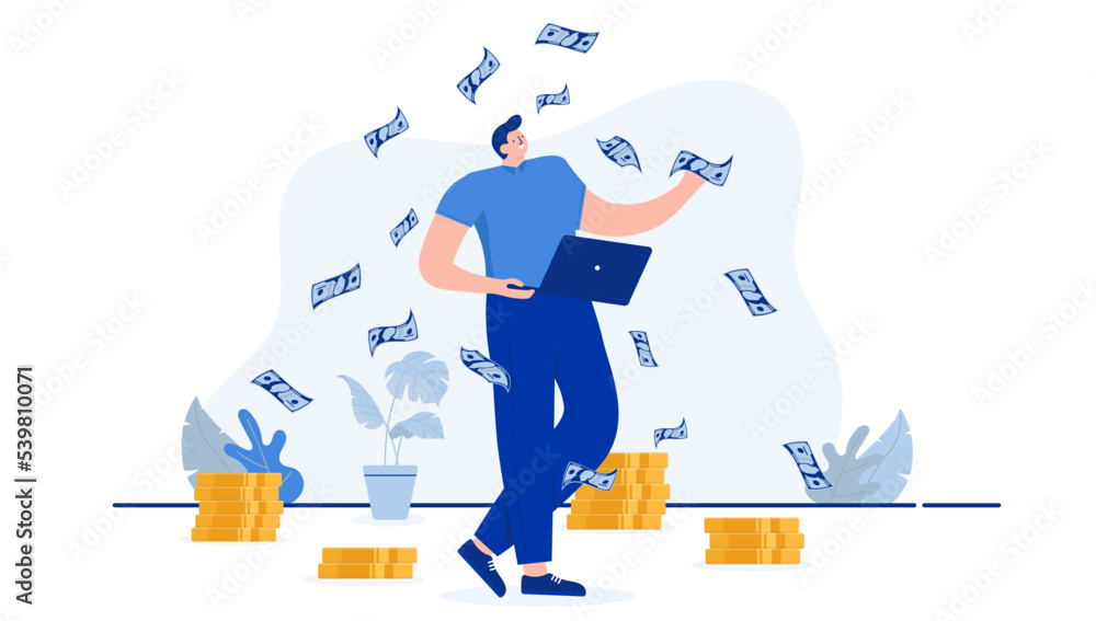Poster freelancer making money - flat design vector person standing with laptop computer while money rainin