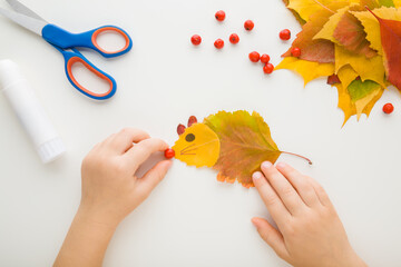 Little child hands creating mouse shape from colorful leaves on white table background. Toddler development. Making autumn decorations. Point of view shot. Closeup. Top down view.