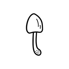 Edible mushroom on a thin stalk. Black and white vector isolated illustration hand drawn doodle. Single element, print or card. Forest harvest