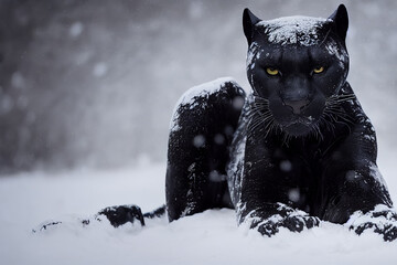 Close view of a black panther in the snow - Powered by Adobe