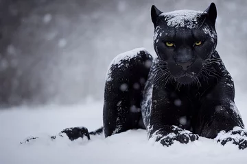 Fototapeten Close view of a black panther in the snow © nastazia