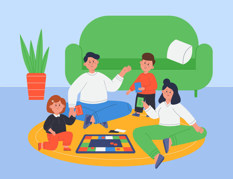 Happy family playing hobby game at home flat vector illustration. Mother, father, son and daughter sitting on floor in living room, having fun together. Board game concept
