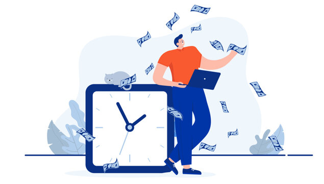 Work time and money - Man standing with clock  making paper money smiling and being happy with salary. Hour income and profits concept. Flat design cartoon vector illustration with white background