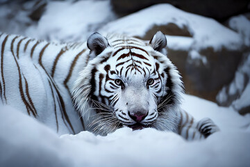 Naklejka premium A white tiger in snow, winter outdoors wildlife scene