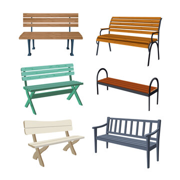 Various wooden park benches cartoon illustration set. Colorful garden or city benches for outdoor relaxation or public spaces decoration. Furniture, urban beautification concept