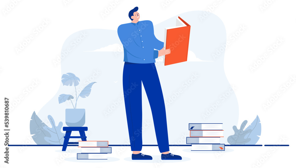 Poster man reading book and smiling - vector illustration in flat design of happy person who reads books. l