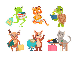 Cute animals characters studying cartoon illustration set. Clever cat, dog, tiger, frog, deer and turtle students or pupils writing, reading book, learning, using laptop. Education, school concept
