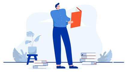 Man reading book and smiling - Vector illustration in flat design of happy person who reads books. Learning and knowledge concept