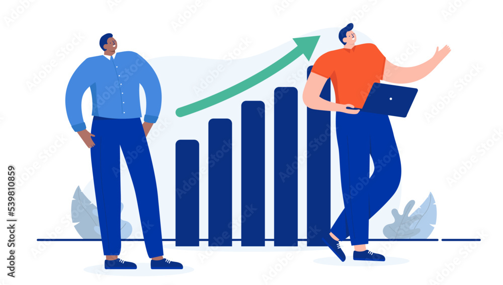 Aufkleber Business growth - Cartoon vector people of different ethnicities standing proud with rising chart working and smiling proud. Flat design illustration with white background