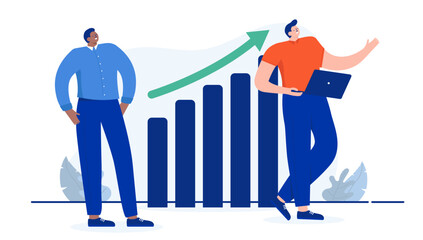 Business growth - Cartoon vector people of different ethnicities standing proud with rising chart working and smiling proud. Flat design illustration with white background