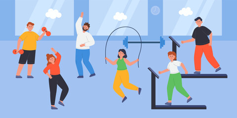 People exercising in gym flat vector illustration. Happy men and women lifting dumbbells, jumping rope, running on racetrack, having strength or cardio workout. Sport, fitness concept