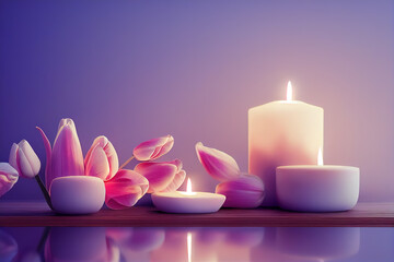Beautiful Spa background in pink shades with candles and tulips