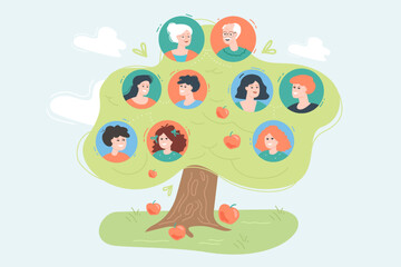 Apple tree with faces of family members. Ancestry scheme, old and adult people with children flat vector illustration. Family, heritage, history concept for banner, website design or landing web page