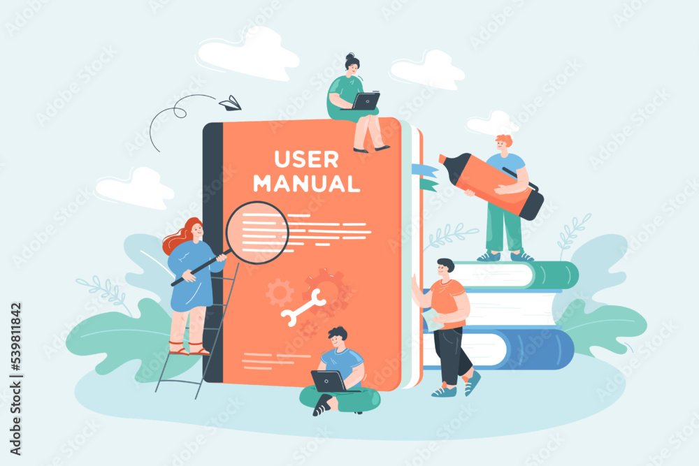 Poster tiny people studying huge user manual with instructions. person on stack of books, characters using 