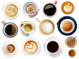 Coffee cup assortment isolated top view