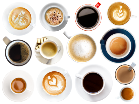 Coffee cup assortment isolated top view