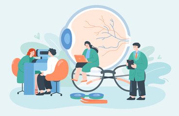 Tiny patients visiting oculist flat vector illustration. Man checking eyesight or vision with laser in hospital before eye surgery. Doctors sitting on eyeglasses. Healthcare, ophthalmologist concept