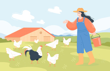 Happy female farmer feeding chickens. Woman working on farm in country and giving food to domestic birds flat vector illustration. Agriculture, breeding industry, domestic animals concept for banner