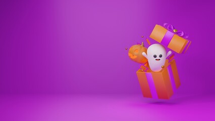 3D rendering of a Halloween present with a set of 3D elements inside. white ghost, spooky pumpkin, coupons, golden balls spread out from a orange gift box with a copy space in purple theme.