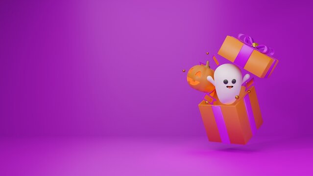 3D Rendering Of A Halloween Present With A Set Of 3D Elements Inside. White Ghost, Spooky Pumpkin, Coupons, Golden Balls Spread Out From A Orange Gift Box With A Copy Space In Purple Theme.