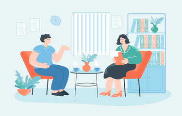 Client talking to therapist in counseling office. Patient and psychologist sitting on sofa during therapy session flat vector illustration. Psychotherapy concept for banner or landing web page