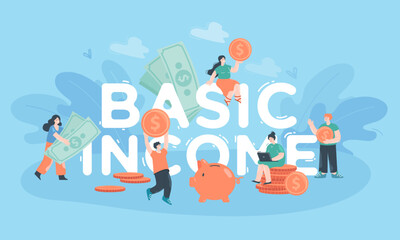 Tiny persons getting money from government. Benefits of social support system flat vector illustration. Universal basic income, charity, finances, poverty concept for banner or landing web page