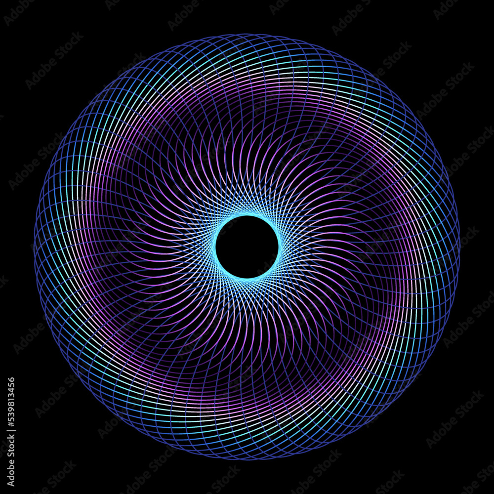 Poster Abstract colorful spectrum light lines weaving pattern in circle shape isolated on black background. Vector illustration in modern concept of science, music, technology. 