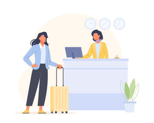 Woman character arriving hotel. Business Trip concept