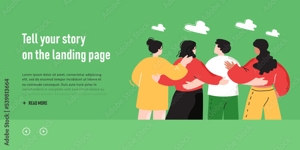Poster crowd of cartoon team members hugging from behind. back view of workplace community flat vector illu