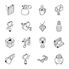 Line Isometric Icons of Love and Wedding


